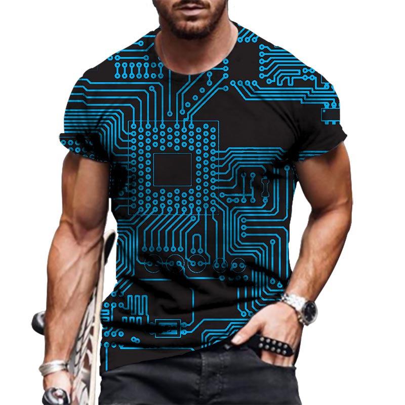 Summer Round Neck 3D Circuit Board Print T-shirts Fashionable Casual Short Sleeved Men's T-shirts