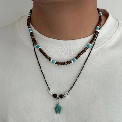 Salircon 2 Pcs/Set Ethnic Punk Stone Sea Turtle Wax Thread Rope Pendant Necklace Men Creative Geometry CCB Beads Chain Jewelry
