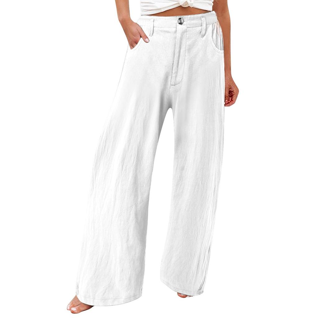 Summer Cotton Linen Wide Leg Pants Women Loose Palazzo Pant Pocket Elastic Waist Button Casual Pants
