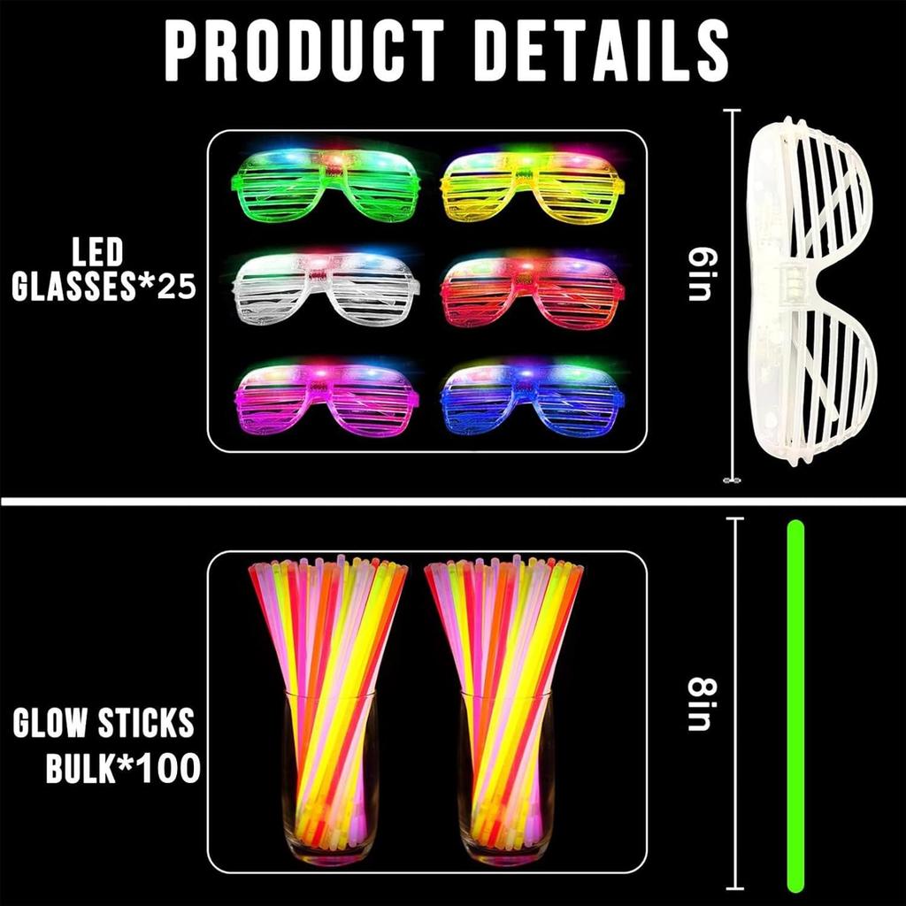 125 Pack Glow in the Dark Party Supplies for Kids Adults,Light Up Party Favors with 25 LED Glow Glasses Sunglasses,100 Glow Sticks Bulk Glow