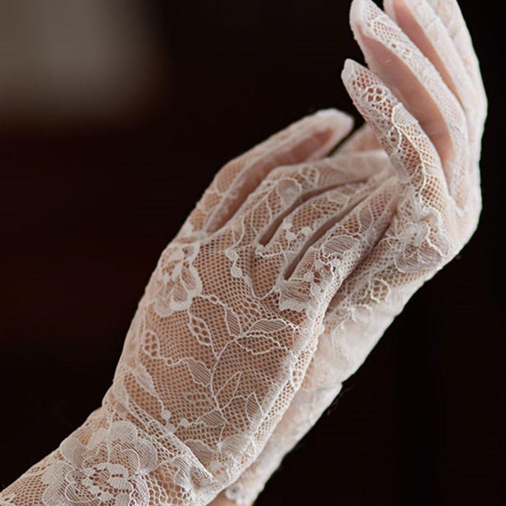 Floral Short Lace Gloves Full Finger Lace Mesh Gloves Sexy Wedding Gloves  Women