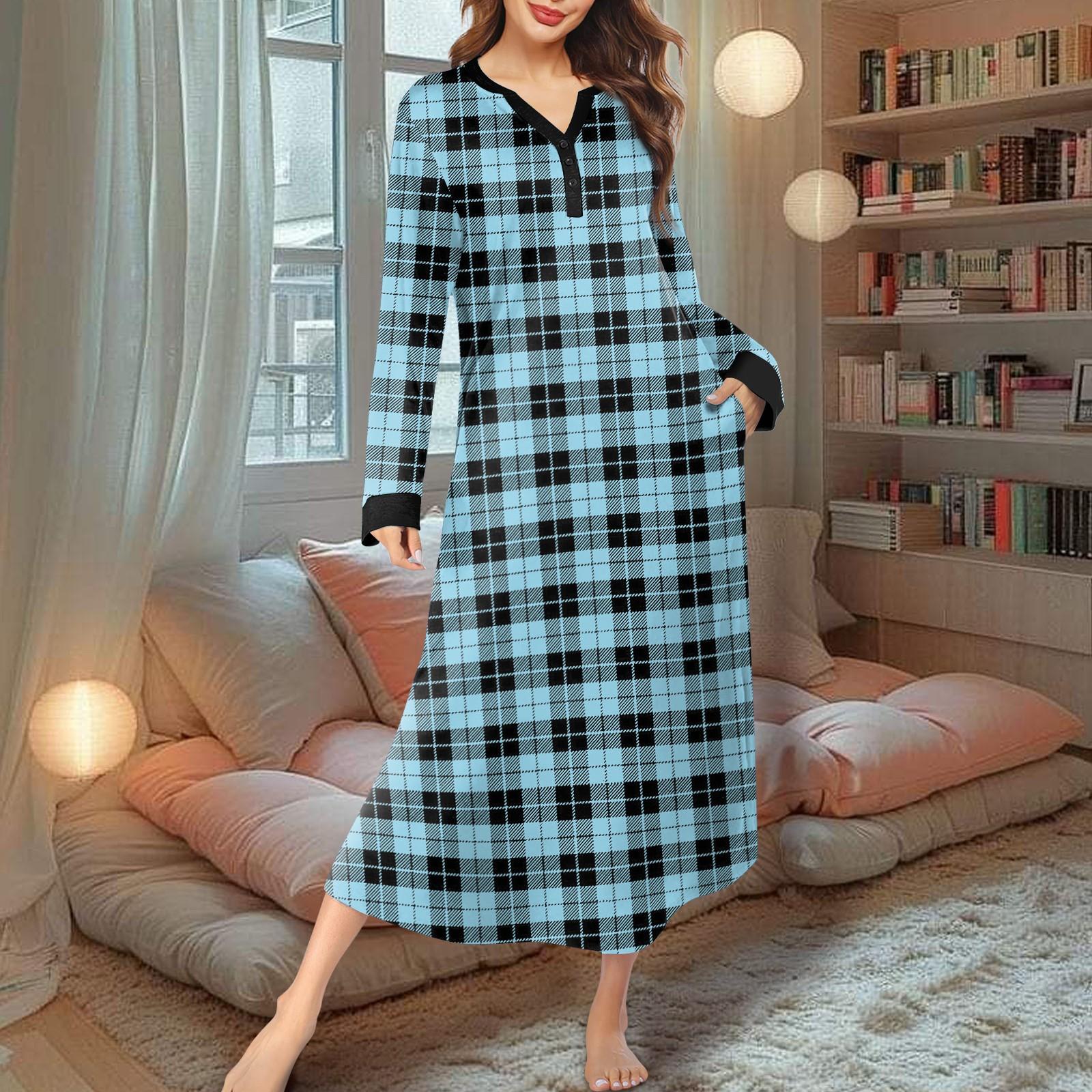 

Женская ночная рубашка, модный принт, длинный домашний халат, пижама с V-образным вырезом и карманами, платье XXL циан