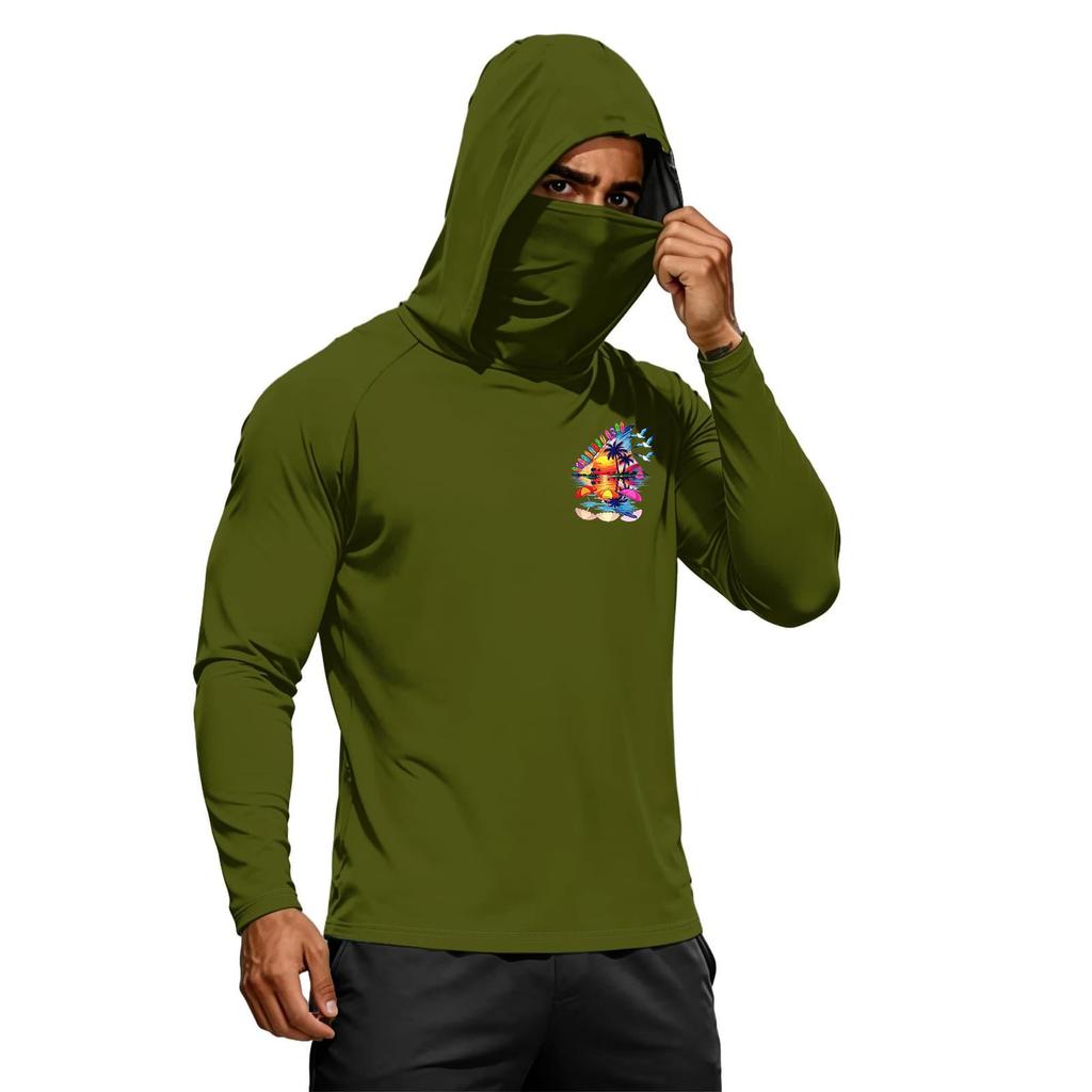 Men's Summer Hawaiian Print Quick Dry Long Sleeve T Shirt Ice Silk UPF50 Plus UV Protection Fitness Sports Hooded Sun Protection Top