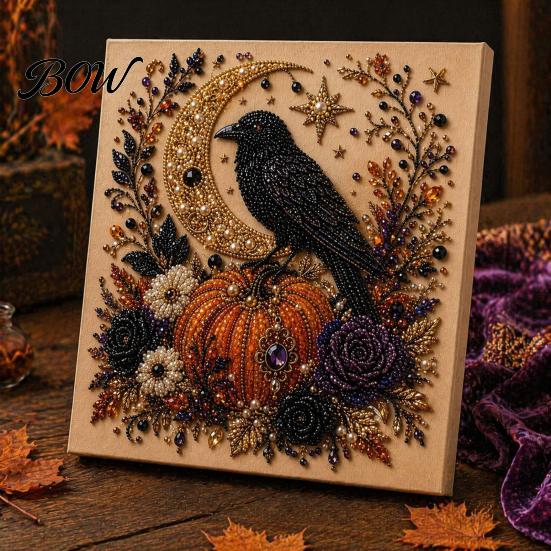 Autumn Atmosphere Wall Decor Halloween Faux Pearl Art DIY Kit, Spooky Cute 3D Beads Painting Crafts, Resin Bead Mosaic Gothic Ghost Pumpkin