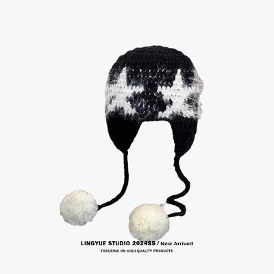 Women's Five Pointed Star Wool Ball Wool Hat Retro Hook Flower Knit Hat Winter Versatile Wool Hat Thickened Ear Protection Hat