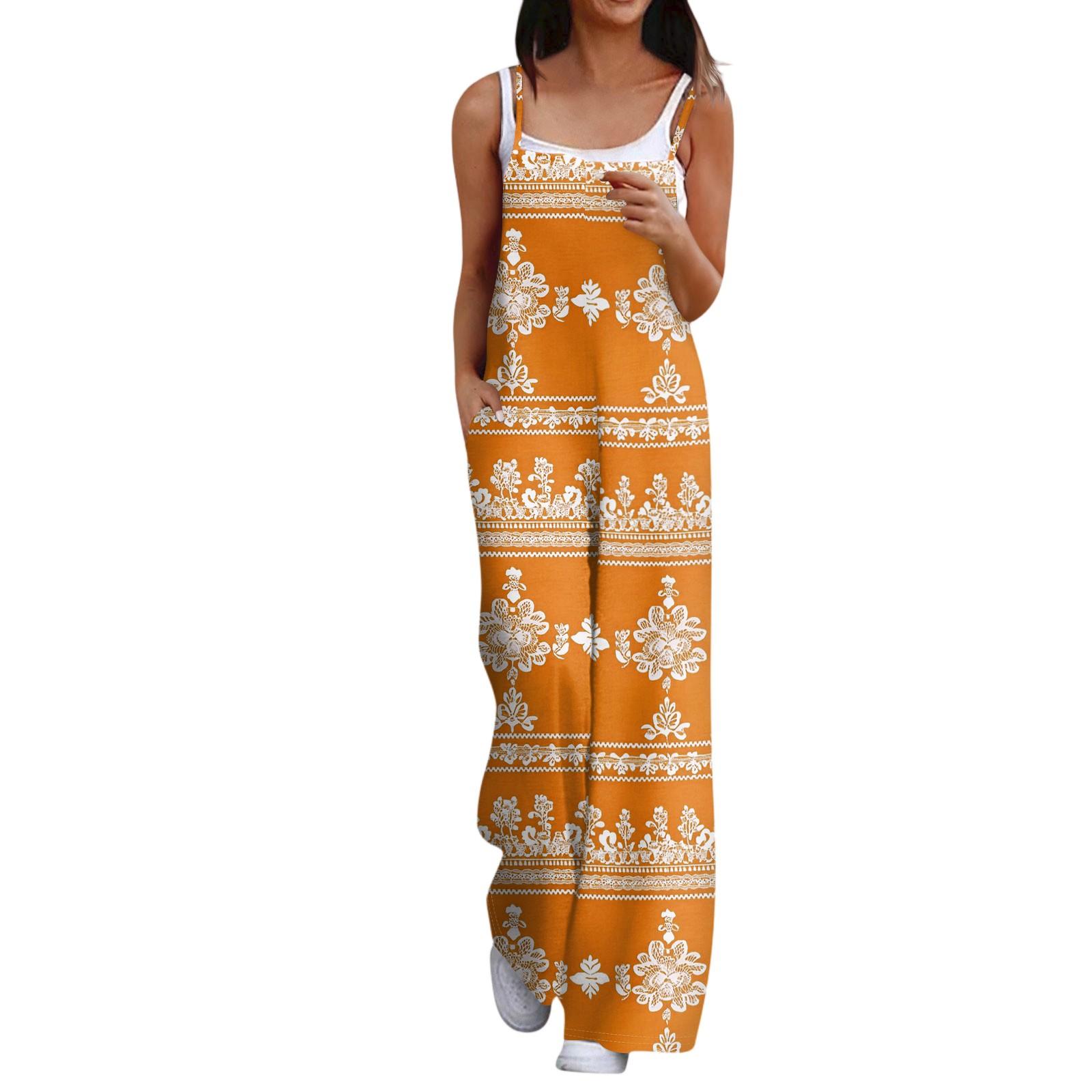 

Широкий комбинезон для женщин, повседневный свободный комбинезон без рукавов с принтом и пуговицами, длинные брюки, комбинезон с карманами XXL оранжевый