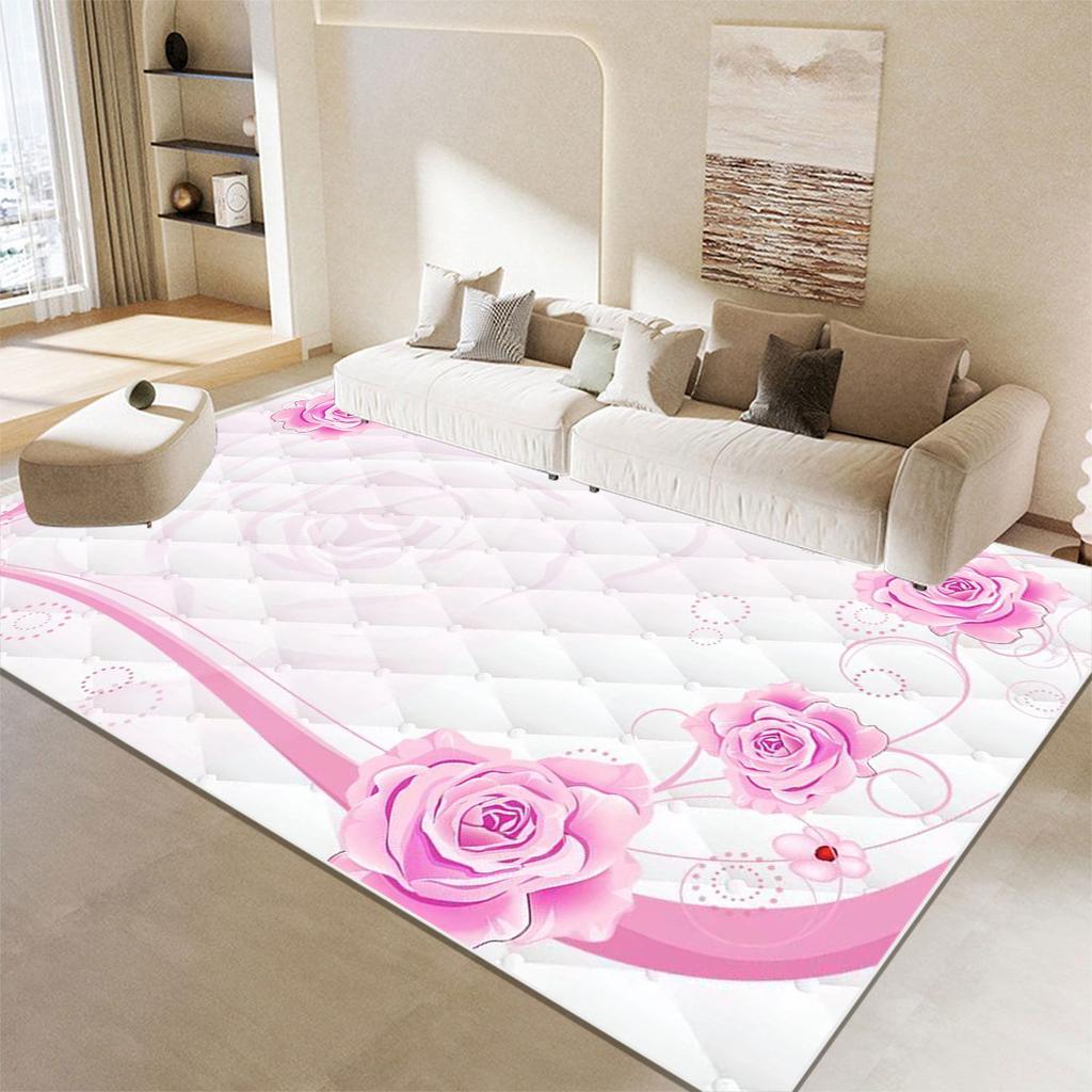European Style Pink Rose Carpets for Living Room Decoration Luxur Sofa Area Non-slip Floor Mat Bedroom Lounge Soft Rugs Washable