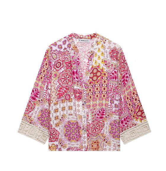 

European & American Women s Embossed Lace Cuff Shirt + Wide Leg Pants Set Extra Small