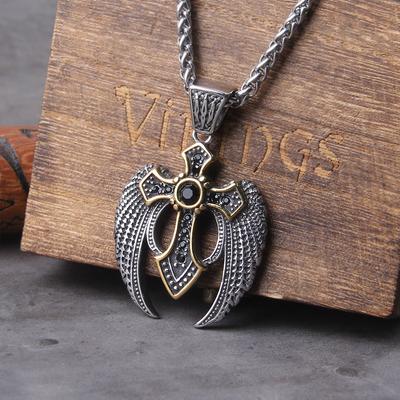 Nieuwe Collectie Verguld Kruis Zilveren Vleugels Zwarte Steen Hanger Ketting Cadeau Houten Doos