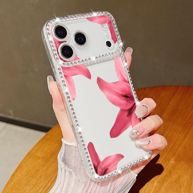 Pink Flowers Bling Diamond Case For iPhone 17 Air 16e 16 14 15 13 12 Pro Max 15 16 Plus 11 Glitter Soft TPU Silicone Phone Cover