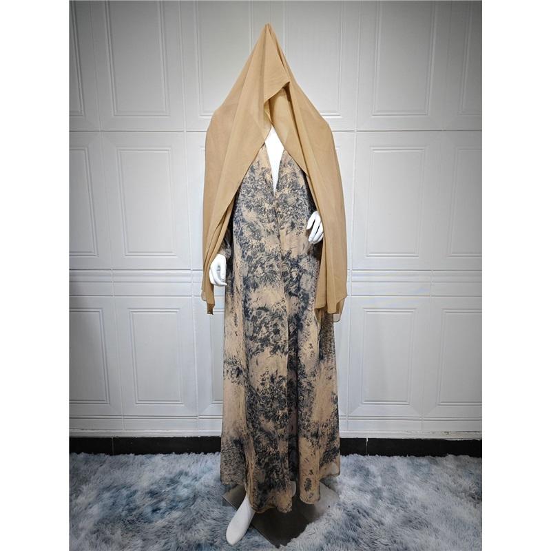 Módní muslimská dámská šifonová dvou dílná sada s potiskem a šátkem na hlavu, letní ležérní kabátek