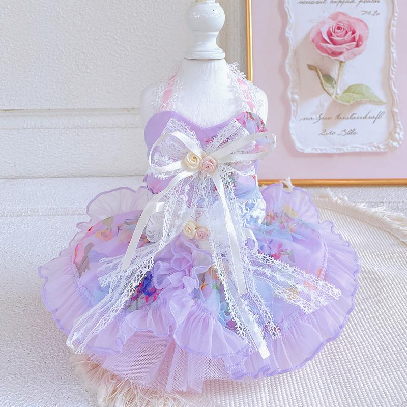 Fine Fashion Purple Lolita Princess Dress for Small Medium Dog Pet Dog Clothes Lace Print Bow Dress Yorkshire Poodle Puppy Skirt