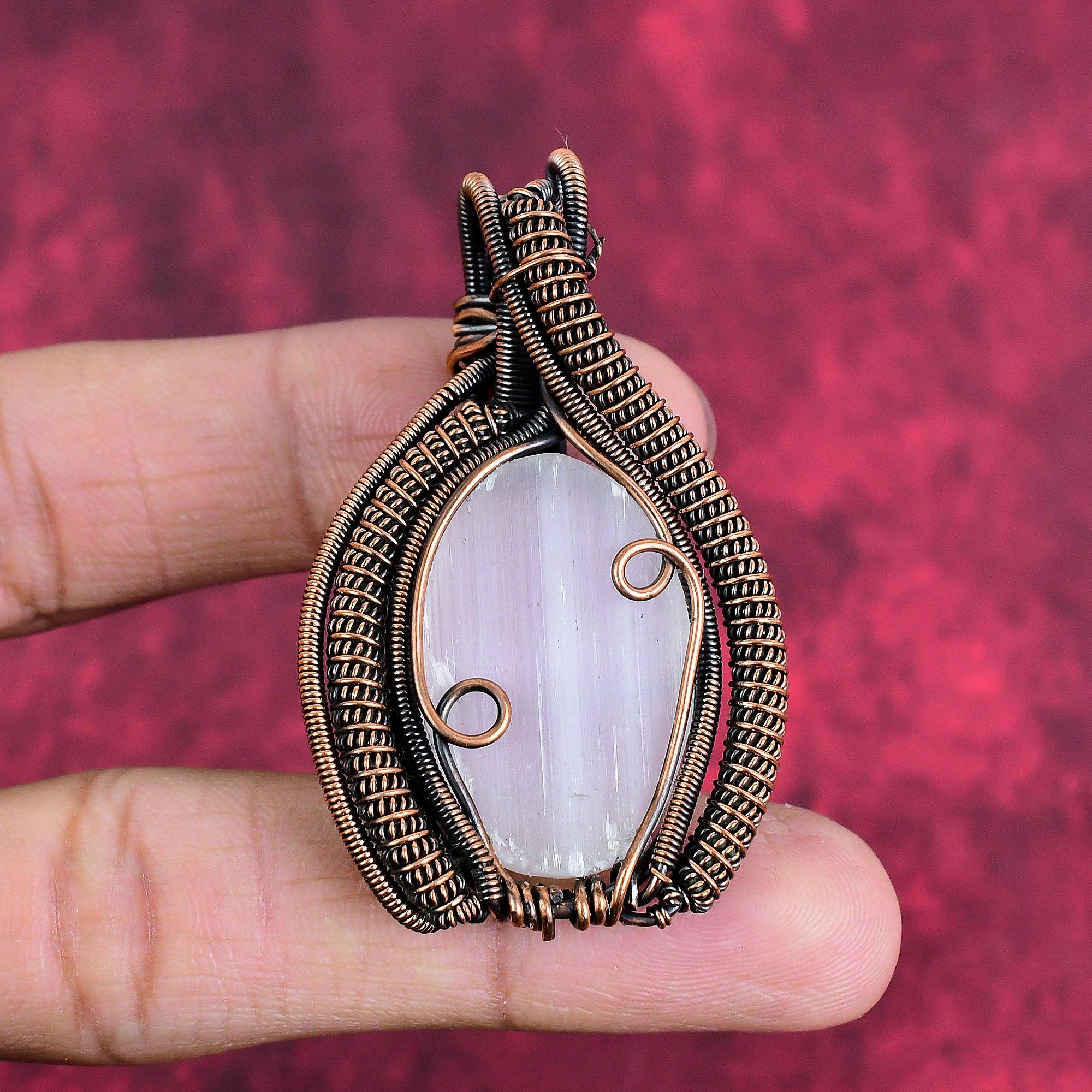 Selenite druzy pendant copper wire wrapped pendant handmade jewelry gemstone pendant copper jewelry gifts for women wire weaving jewelry