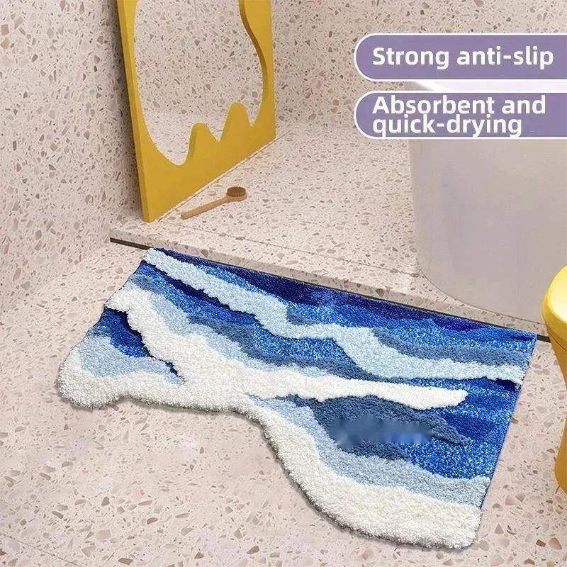 Thick Flocking Ocean Wave Rug Non Slip Rubber Back Washable Acrylic Floor Mat For Bedroom Bathroom Beach House Decor