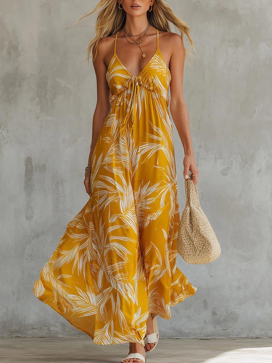 Womens Sleeveless V Neck Drawstring Tiered Maxi Dress with Leaf Print S