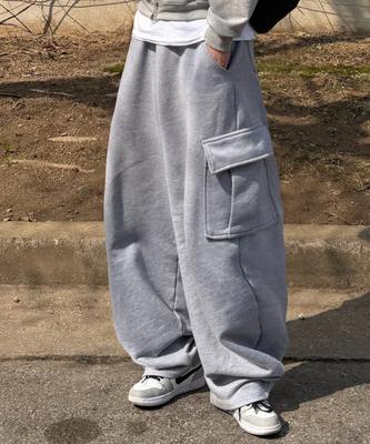 Beokeuldaun 500G Heavy Cotton Wide Fit Balloon Cargo Sweatpants (Melange Grey)
