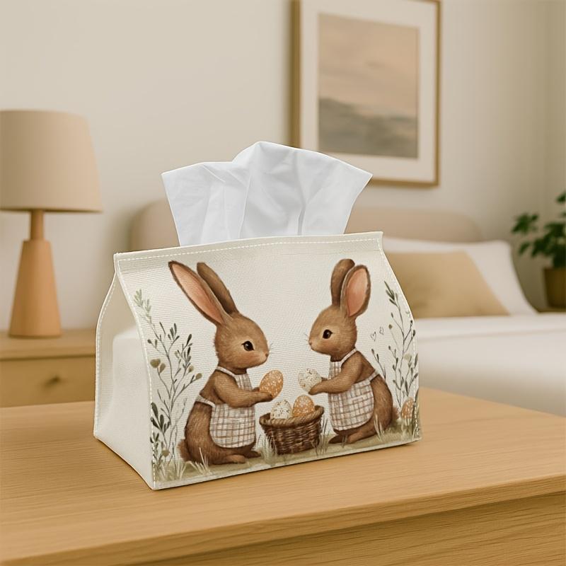 1pc Vintage Storybook Whimsical Easter Tissue Box - Bunny Pair Easter Basket - 10.92*12.95*17.78cm Tissue Box Holder, Napkin Holder, Sturdy for Living