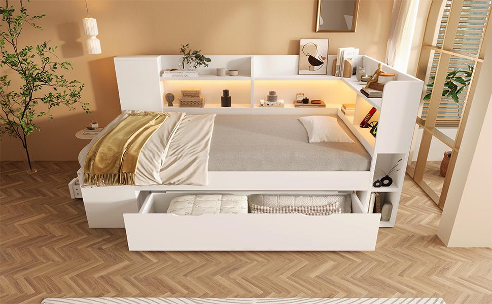 Daybed 90x200 cm White Single Youth Bed, Wood-Based, LED Lighting, USB & Type-C Charging, Shelves & Drawers, incl. Slatted Frame (With Mattress)