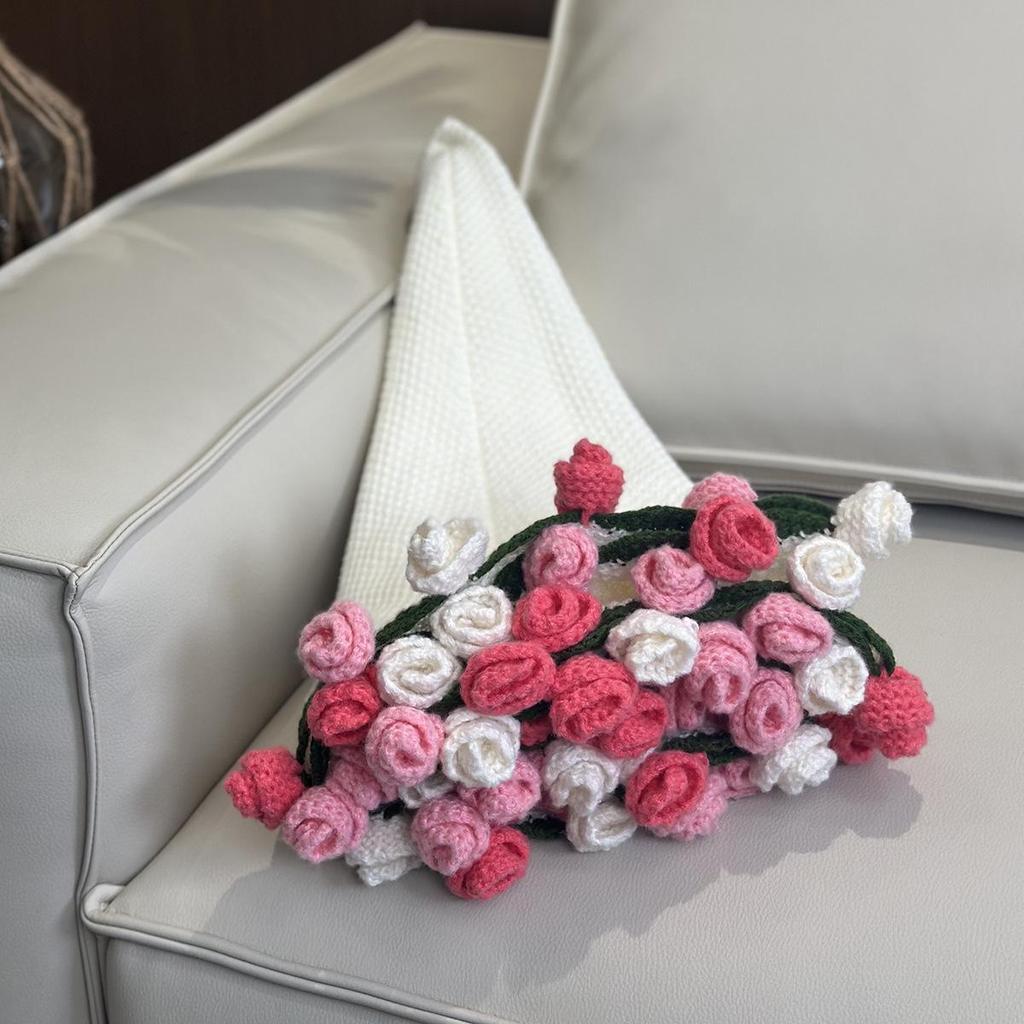 Handmade Knitted Rose Bouquet Round Crochet Flower Blanket