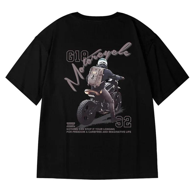 Motorcycle Boy T-Shirt Men Vintage 100% Cotton Short Sleeve Tops Tees 2023 American Hip Hop High Street Oversized T-Shirt 8XL