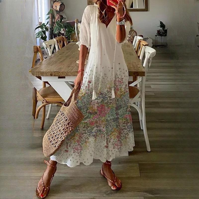 

IHUASU Женские повседневные платья с V-образным вырезом и принтом, с подтяжками, с длинными рукавами XXXL белый дыма