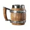 Wood Barrel Beer Mug, 600ml Stainless Steel Liner Stein, Rustic Tankard for Pub Home Bar Pub Party Gift