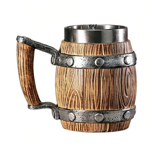 Wood Barrel Beer Mug, 600ml Stainless Steel Liner Stein, Rustic Tankard for Pub Home Bar Pub Party Gift