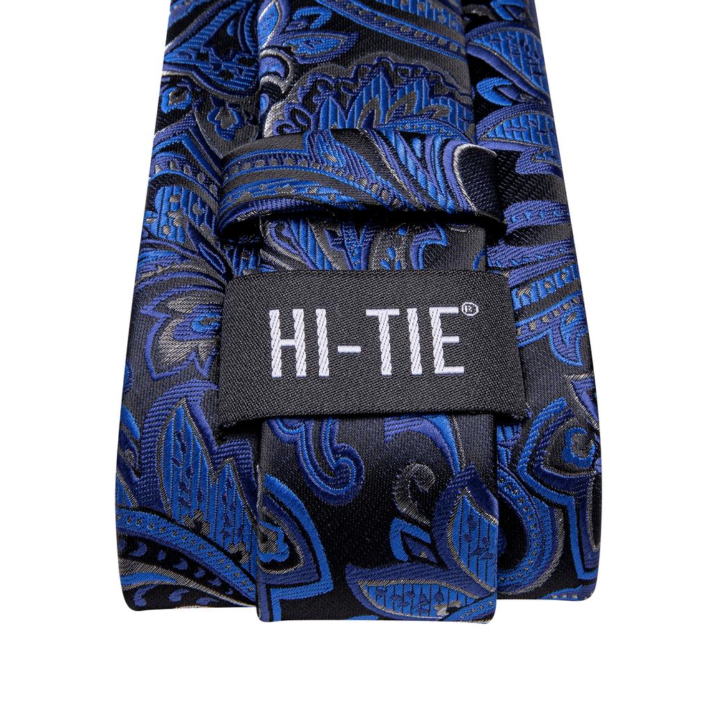 Hi-Tie Dunkelblau Blumen Jacquard Paisley Krawatte Set Herren Seide Krawatte Tasche Platz Manschettenknöpfe Party