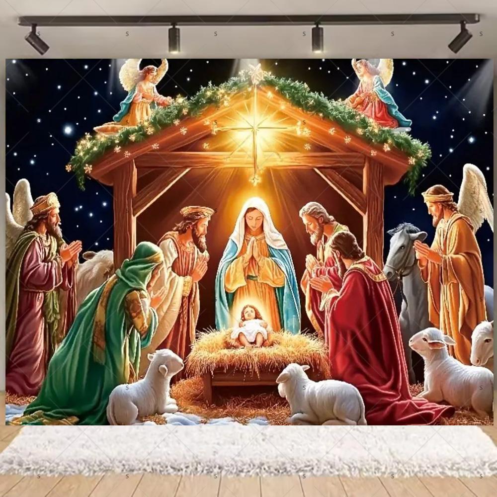 Nativity Scene Background Banner Starry Night Traditional Christmas Religious Jesus Backdrop Supplies Christmas Party Decoration