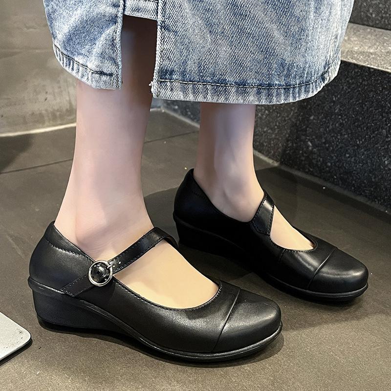 Loafers single shoes women's buckle wedge sandals thick sole heightening temperament black small leather shoes mother work shoes high heel