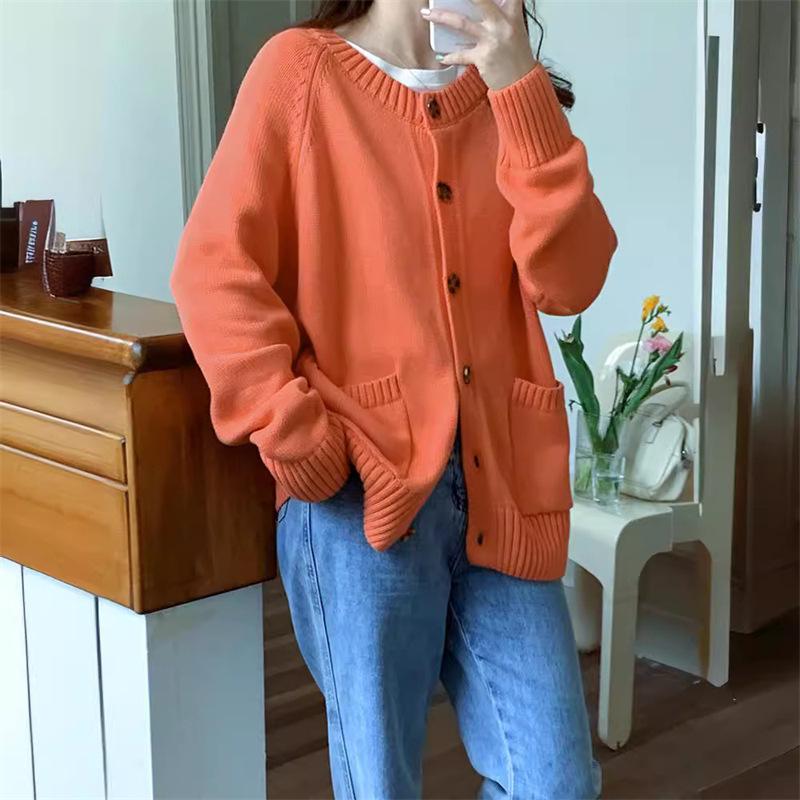 Women's Korean Style Round Neck Cardigan Sweater - New 2026 Autumn Casual Knitwear Top
