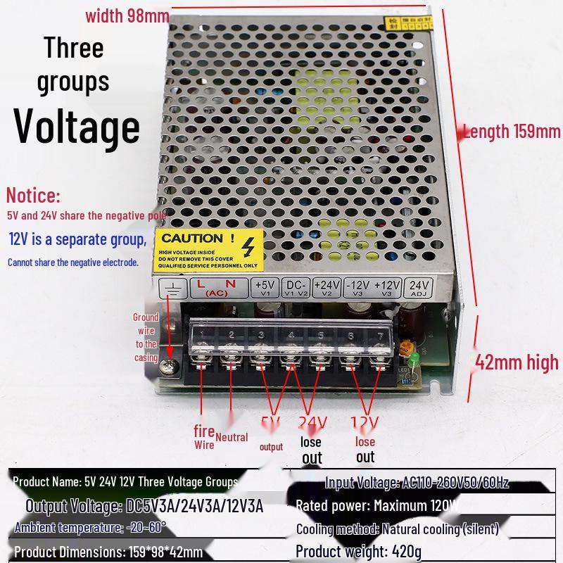 Dual-Output Voltage Switching Power Supply: 5V/12V/24V, 60W/120W/200W