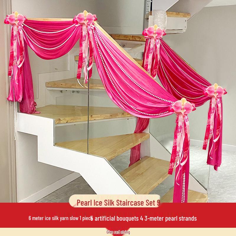 Romantic Wedding Staircase Handrail Decoration Set with Tulle, Balloons, and Pull Flowers