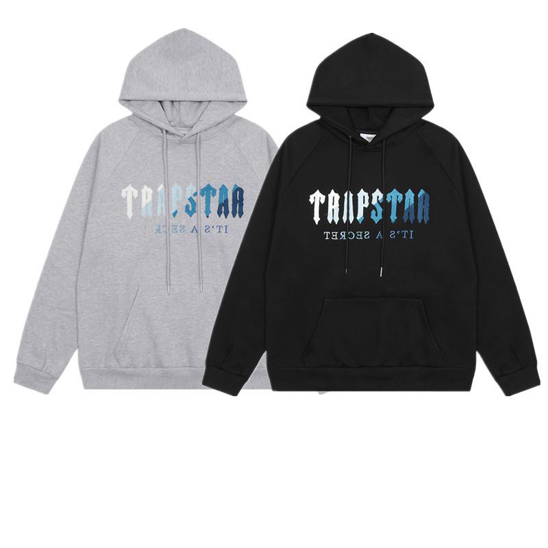 European and American Trendy Brand White and Blue Gradient Towel Embroidery for Men and Women, Couple Loose Casual Hooded Sweatshirt