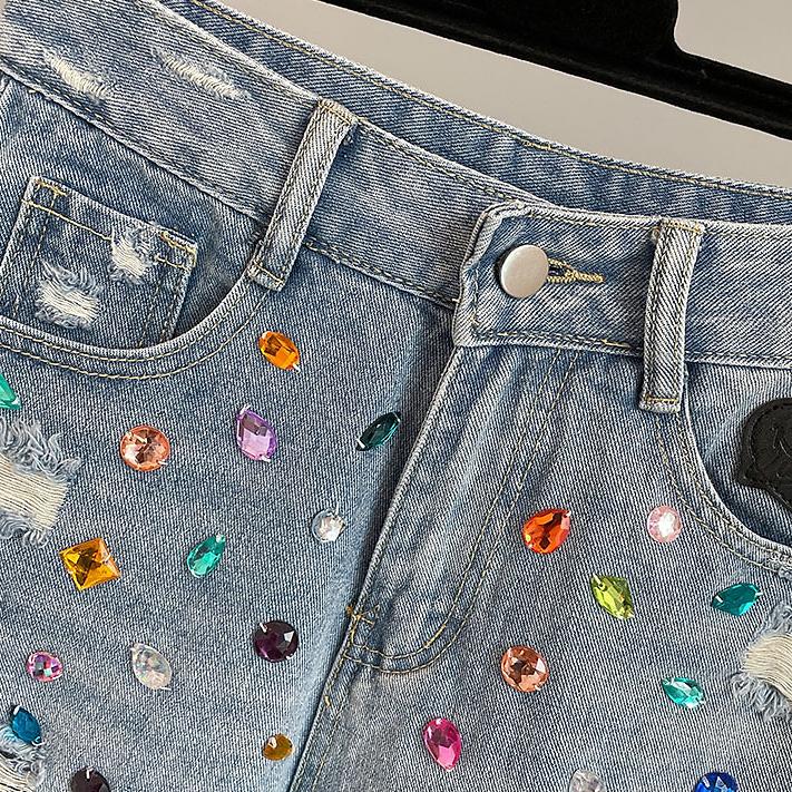 Džínové šortky s vysokým pasem s korálky s diamanty Dámské letní modely Slim Všestranné Roztrhané šortky s třásněmi