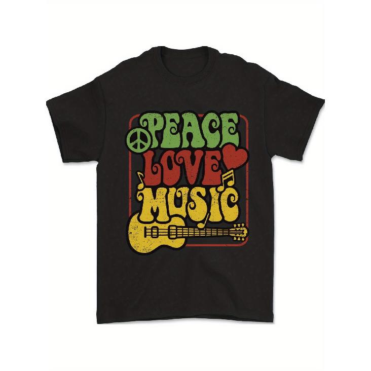 Men s   s 60s/70s Retro Hippie T-Shirt - Vintage Psychedelic Peace Love Music  60s Icons (Guitar, Flower Power) - Soft Cotton Short Sleeve Round S