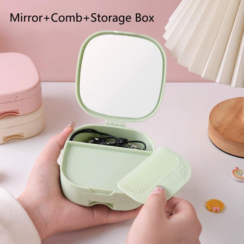 Portable Desktop Makeup Mirror with Storage Box and Comb Dormitory High-Definition Folding Vanity Mirrors Multi-Cosmetic Mirrors