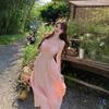 French Sweet and Beautiful Pink Spaghetti Strap Dress, Fairy Summer Seaside Vacation, Waist-cinching Large Skirt, Cake Long Dress