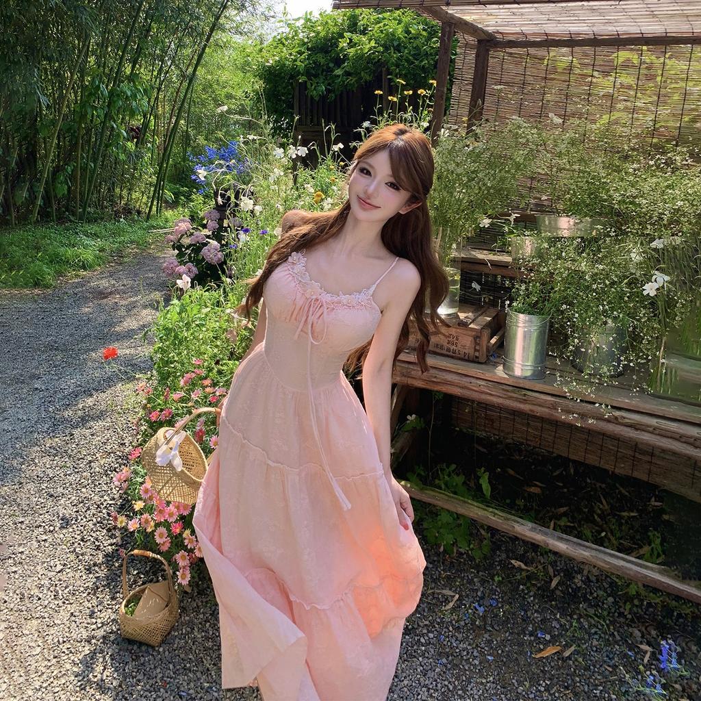 French Sweet and Beautiful Pink Spaghetti Strap Dress, Fairy Summer Seaside Vacation, Waist-cinching Large Skirt, Cake Long Dress