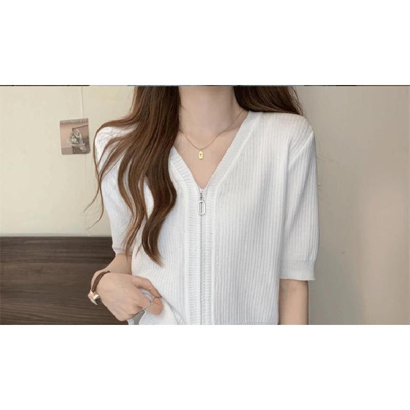2026 New V-neck Casual Long-sleeve Loose Slimming Flattering Versatile Solid Color Zipper Women's Top