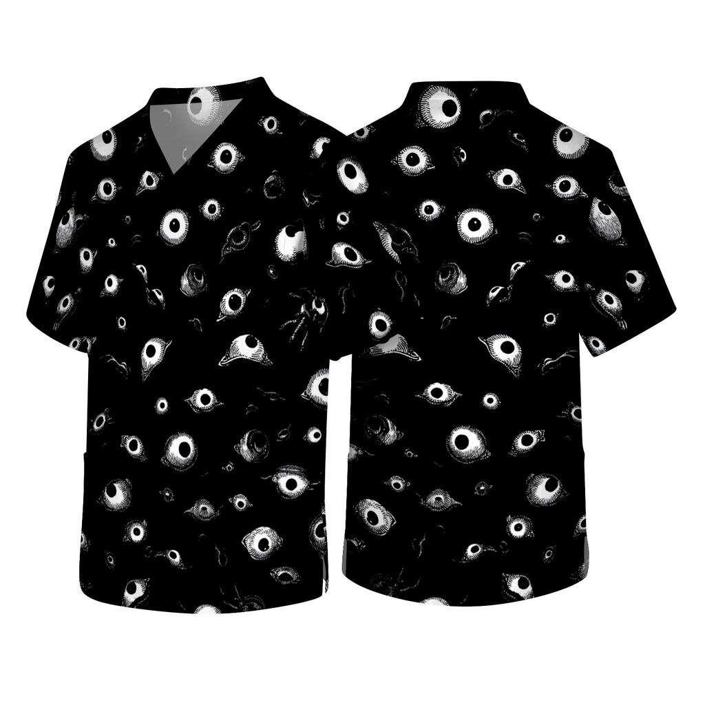 Men's Short Sleeve V Neck Halloween Print Medical Scrub Top with Chest Pocket Comfortable Fit Durable Fabric Suitable for Healthcare Professionals
