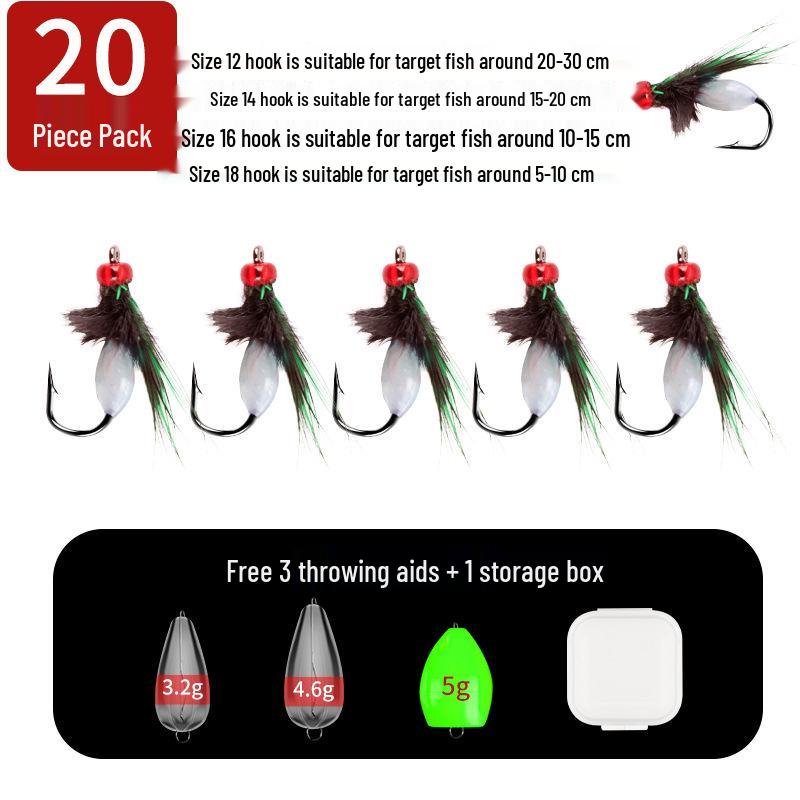 Set de Anzuelos Luminosos para Mosquitos y Moscas: Montaje de Jurel Rayado Blanco con Señuelo de Pluma y Cebo Imitación Semilla de Melón