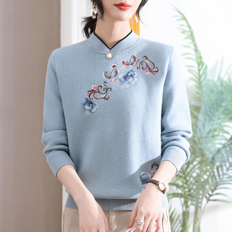Embroidered Velvet Knit Sweater for Women - Autumn/Winter, Versatile & Warm for Middle-aged/Elderly