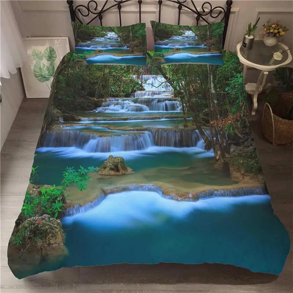 Waterfall Duvet Cover Set Natural Scenery Quilt Cover Pillowcase Landscape Forest Waterfall Queen Size Polyester Bedding Set
