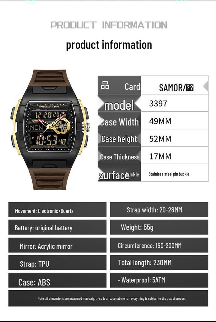 SANDA Barrel-Shaped Men's Watch: Dual Display, 50M Waterproof, Luminous, World Time, Stylish & Versatile