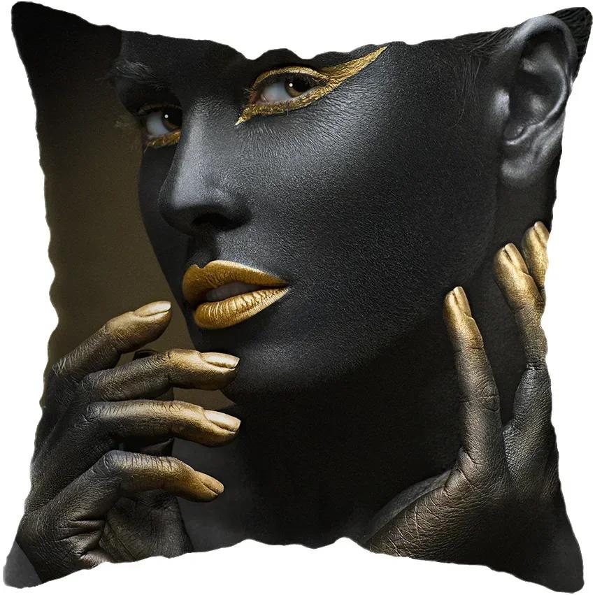Modern Living Room Black Gold African Lady Woman Style Look Art Deco Sofa Pillowcase Cushion Cover