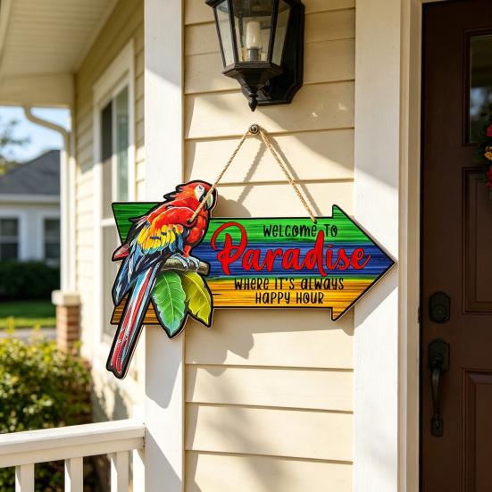 Willkommen im Paradies Schild Hawaiianischer Papagei Holzschild Hängend Sommer Hibiskus Tropisches Schild für Strand Poolparty Haustür Veranda Eingangsbereich Wanddekor