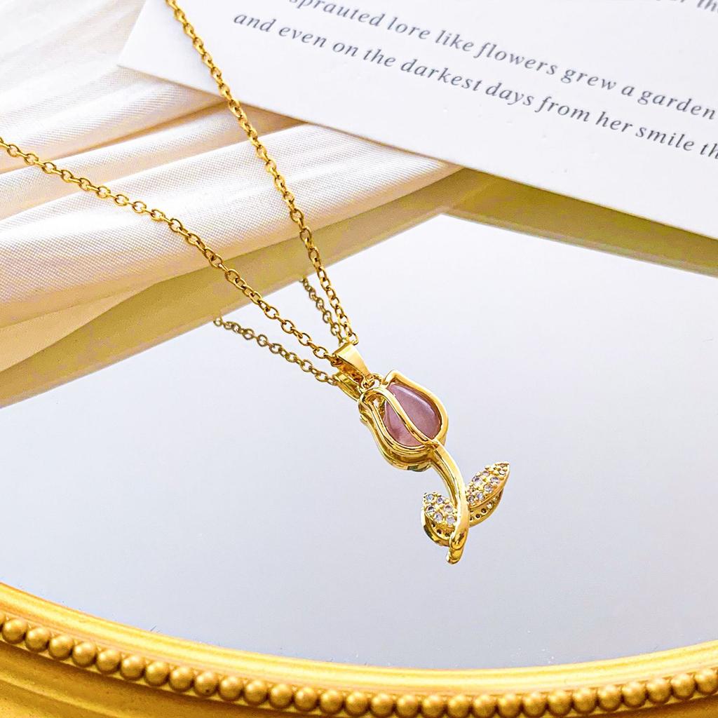 Halskjede Dame Opal Tulipan Halskjede Nisjedesign, Allsidig High-end Følelse Allsidig Titanstål Tilbehør