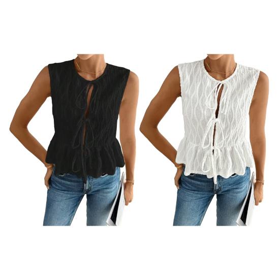 Women's Tie Front Tank Top Summer Crew Neck Sleeveless Flowy Shirts Casual Beach Vacation