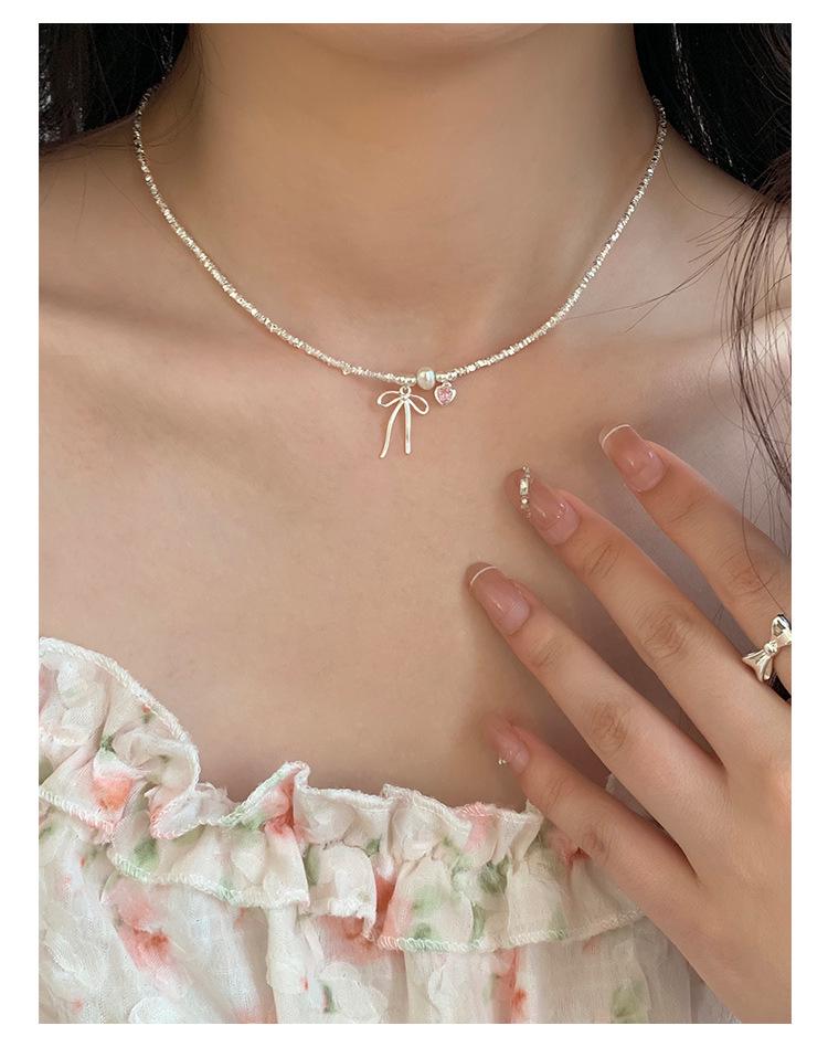 S925 Sterling Silver Pink Heart Bow Pearl Bracelet for Women